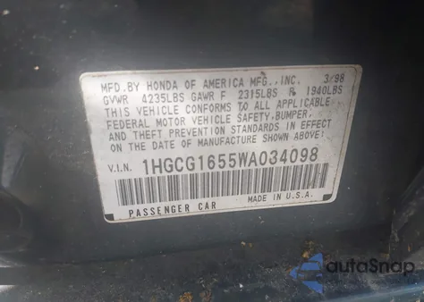 1998 Honda Accord Ex V6 из США, поврежденный, VIN 1HGCG1655WA034098